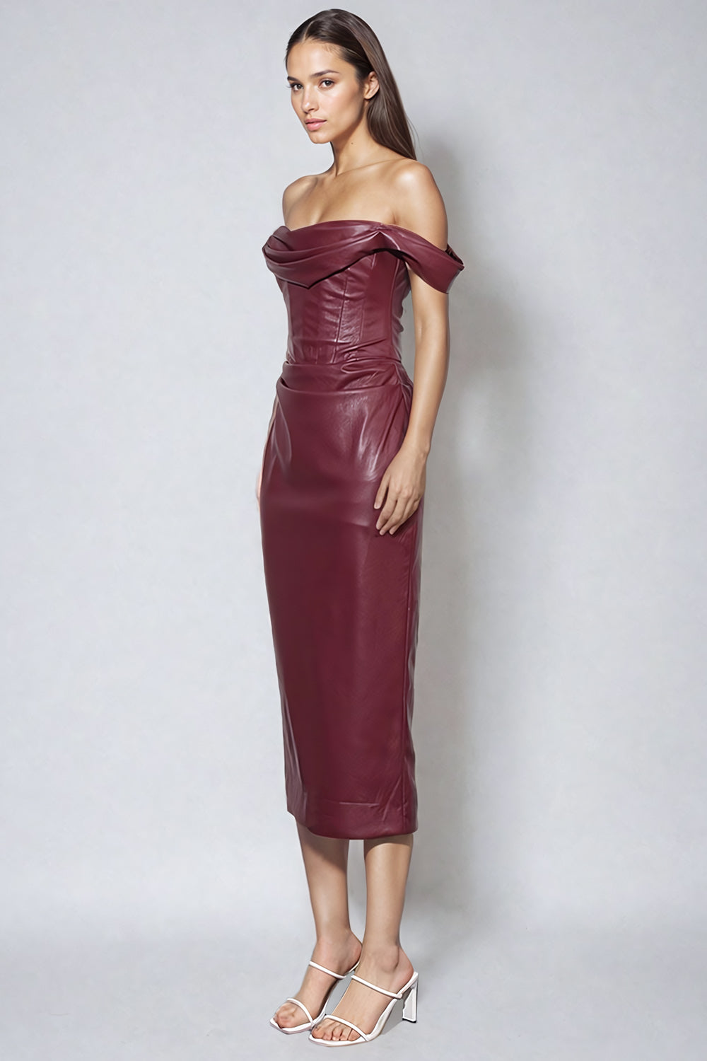 Off-Shoulder Leather Midi Dress - Burgundy