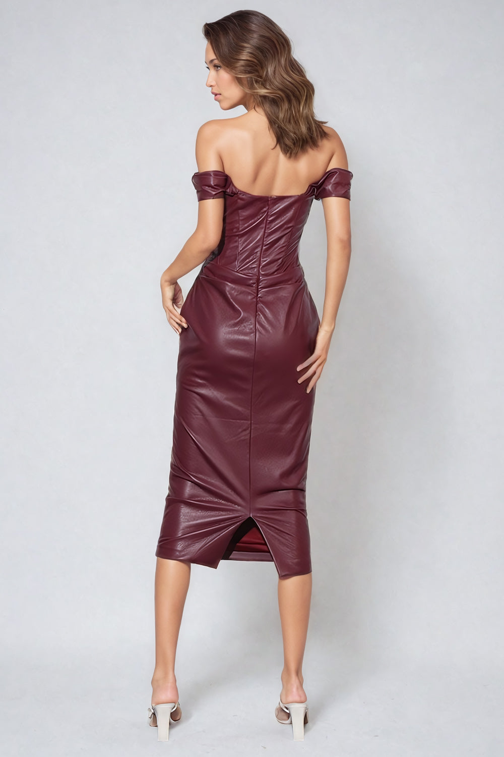Off-Shoulder Leather Midi Dress - Burgundy