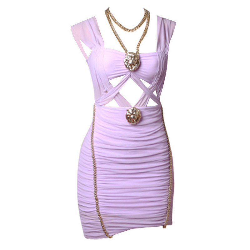 Metallic Chain Detail Sleeveless Ruched Mesh Cutout Mini Bandage Dress - Purple