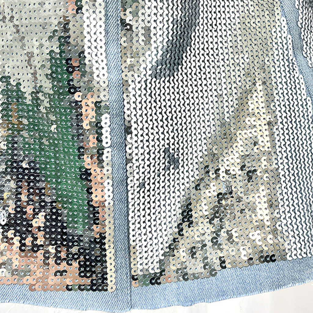 Metallic Sequin Embellished Sleeveless Denim Bustier Crop Top