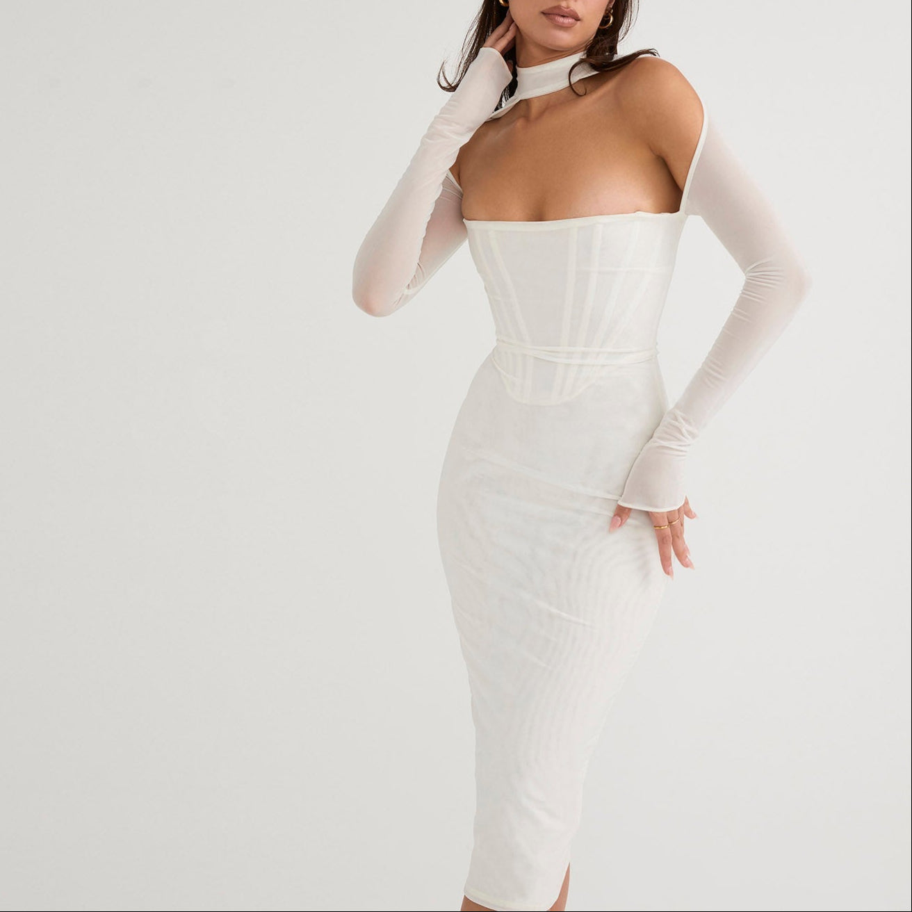 AIMI LONG SLEEVE HOLLOW OUT MIDI DRESS