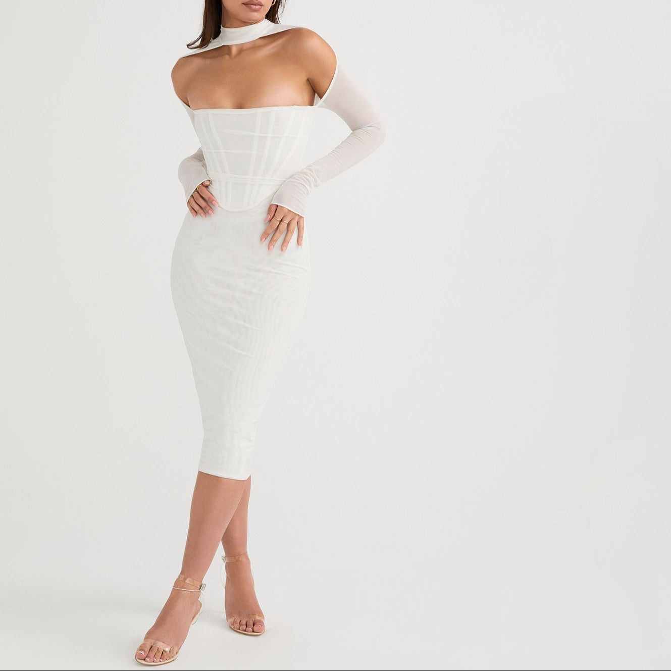 AIMI LONG SLEEVE HOLLOW OUT MIDI DRESS