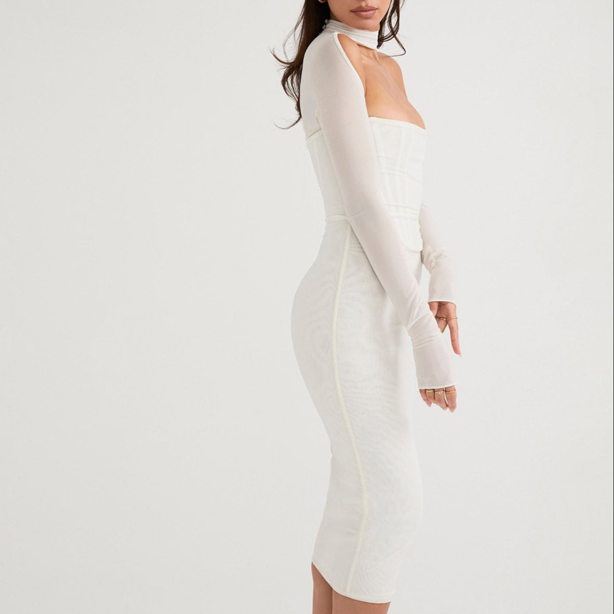 AIMI LONG SLEEVE HOLLOW OUT MIDI DRESS