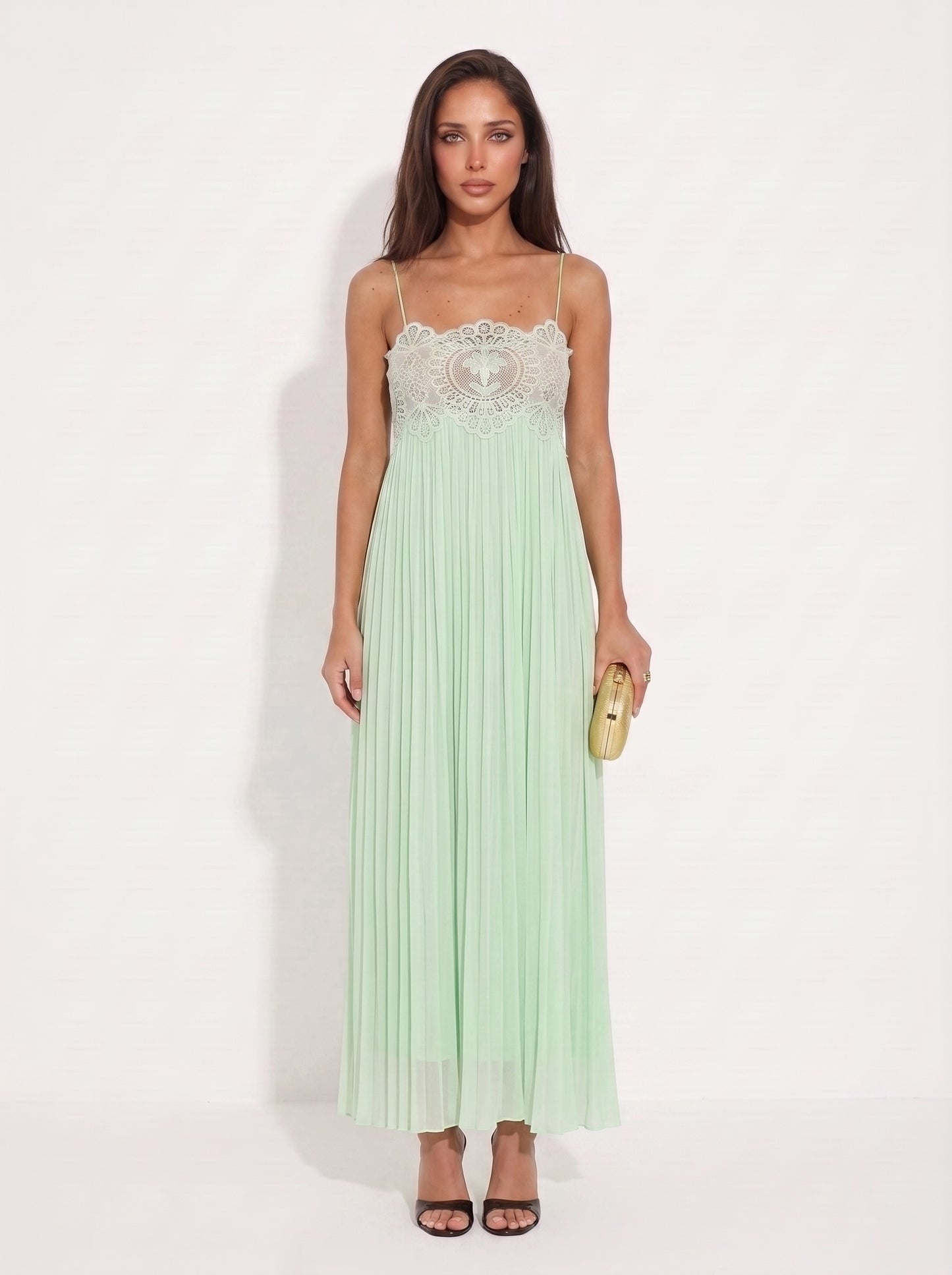 Mint Green Lace Bodice Pleated Maxi Dress