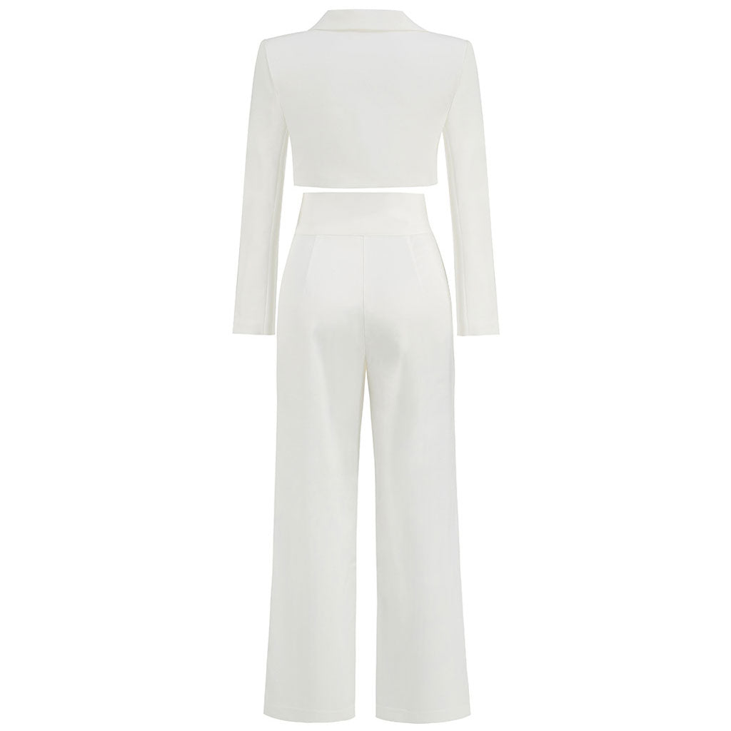 Neat Lapel Collar Long Sleeve Crop Blazer Matching Set - White