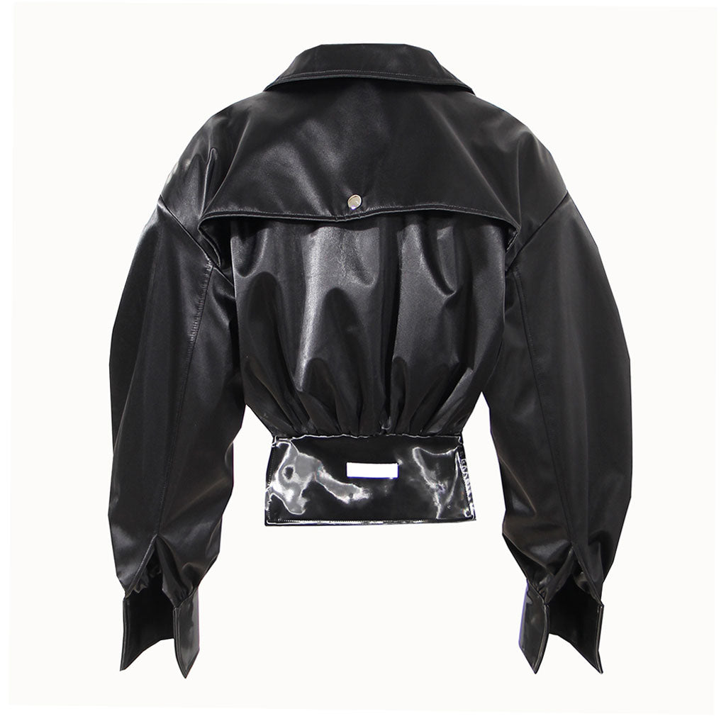 Oversized Long Sleeve Collared Vegan Leather Zip Up Cropped Jacket