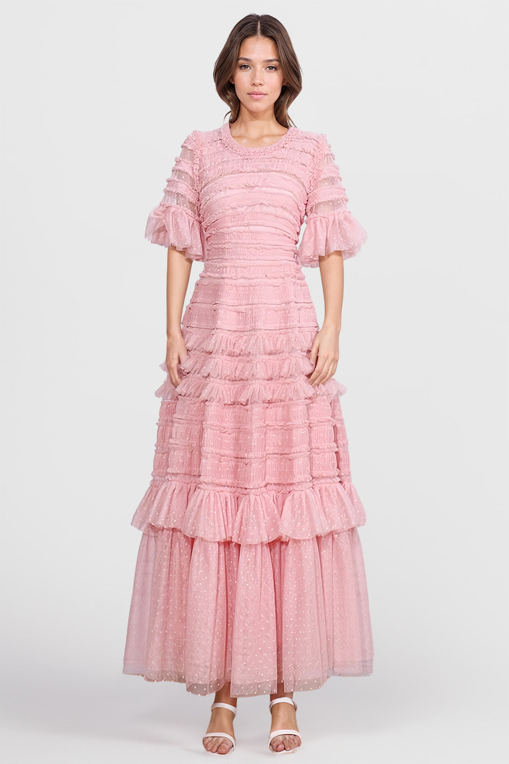 Ruffled Midi Dress with Half Sleeves - Pink