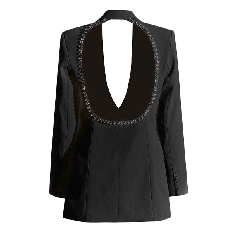 Radiant Crystal Cutout Back Lapel Long Sleeve Single Breasted Slim Blazer