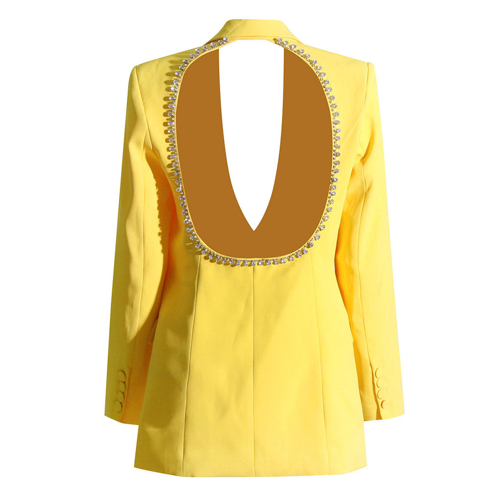 Radiant Crystal Cutout Back Lapel Long Sleeve Single Breasted Slim Blazer