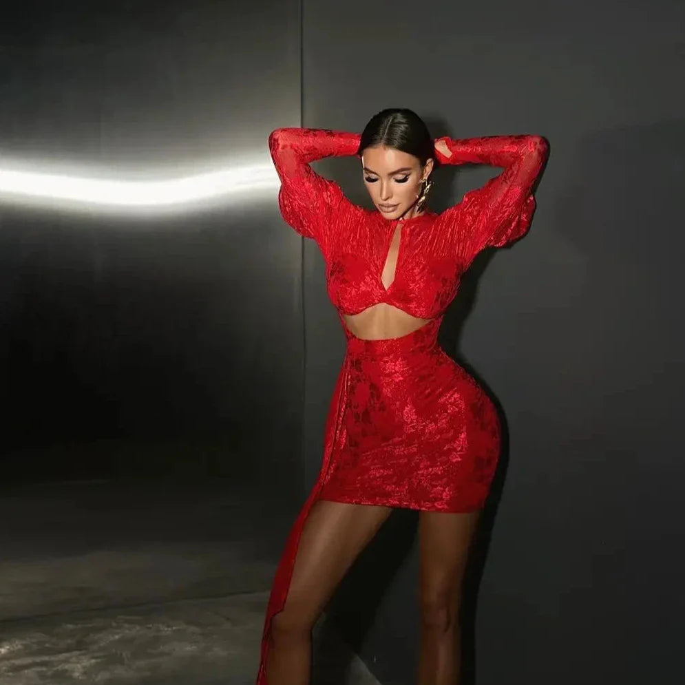 CUT OUT LACE MINI DRESS with GLOVES and SIDE TRAIN