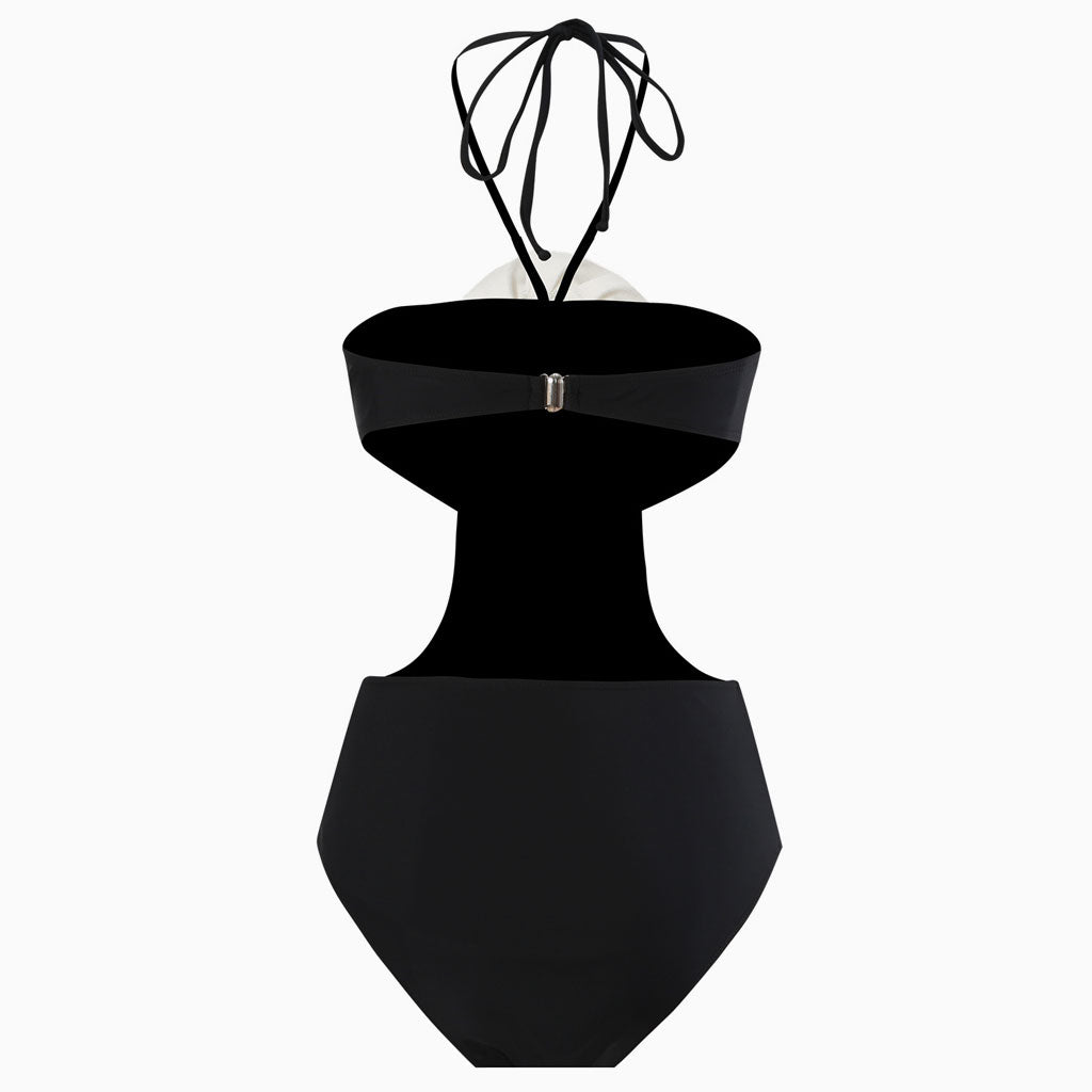 Sexy Contrast Rosette Bandeau Halter Cutout Monokini One Piece Swimsuit