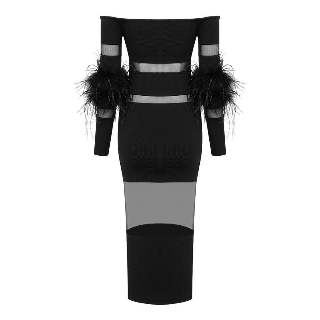 Sexy Off The Shoulder Feather Trim Sleeve Sheer Mesh Bandage Midi Dress