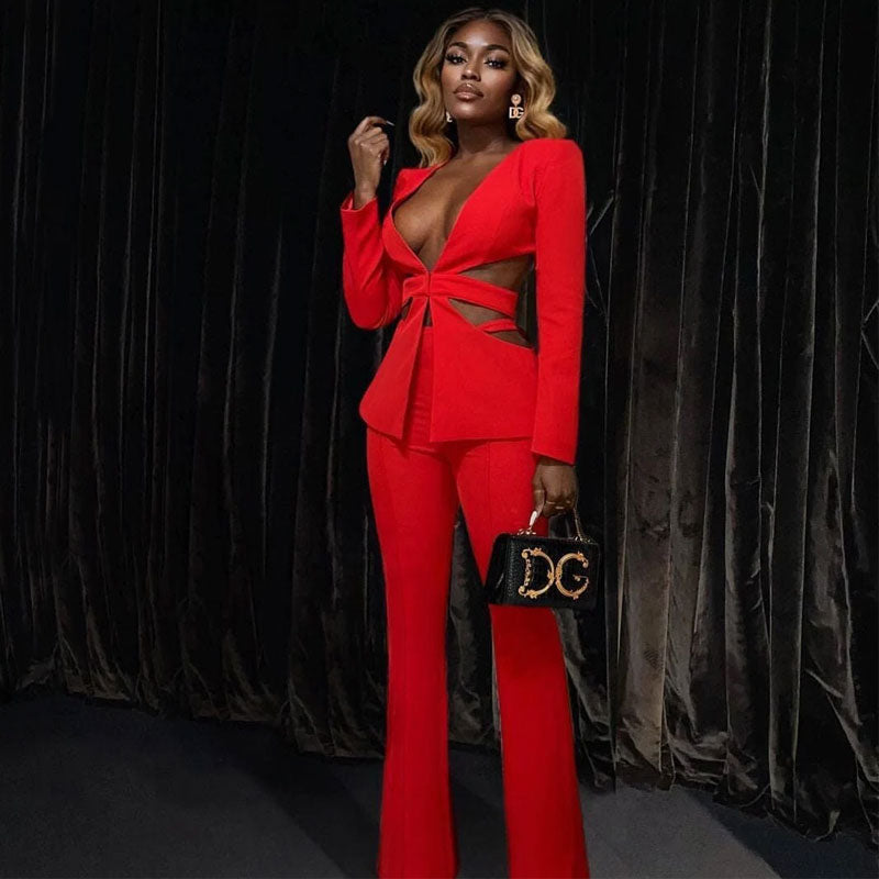 Sexy Side Cutout Long Sleeve Plunging Neck Tailored Blazer Matching Set - Red