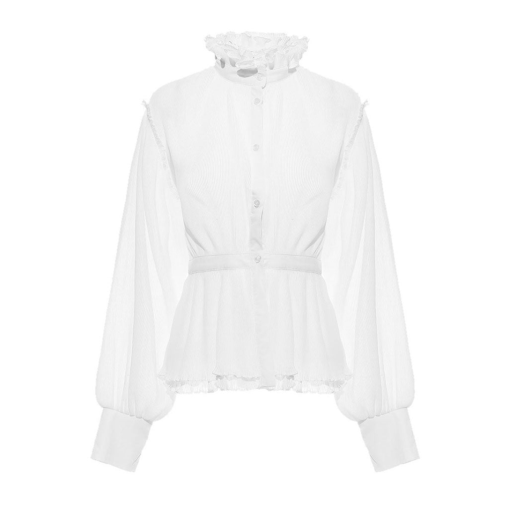 Sheer Ruffled High Neck Puff Sleeve Button Down Pleated Peplum Blouse