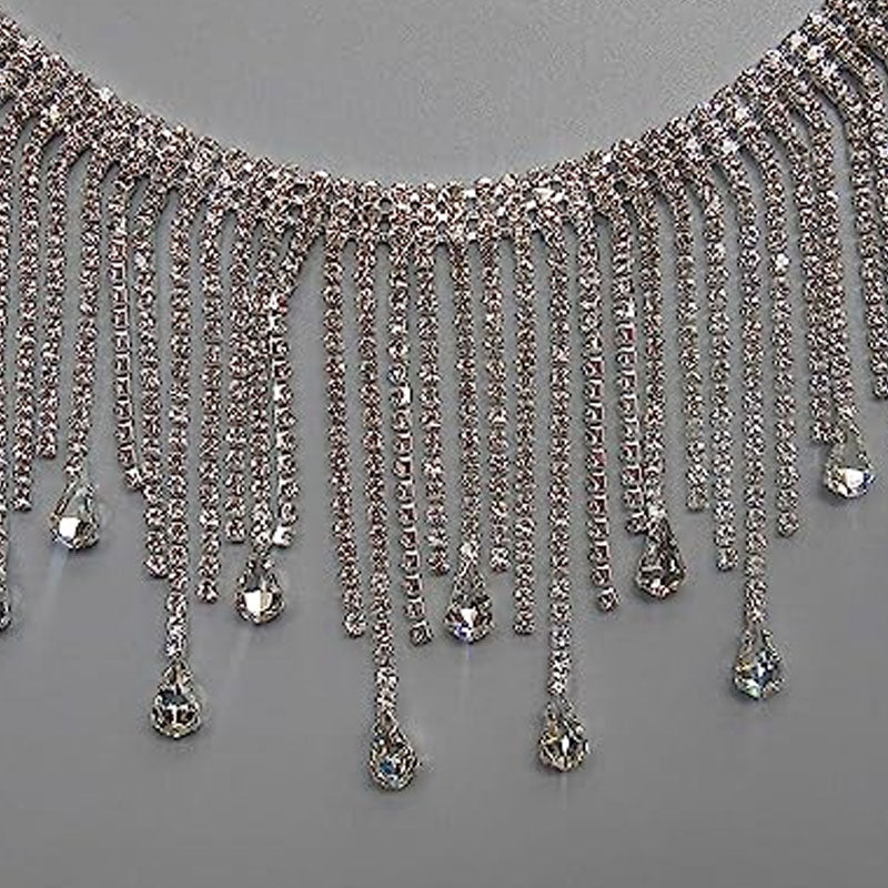 Sparkly Rhinestone Embellished Waterfall Fringe Choker Necklace - Silver