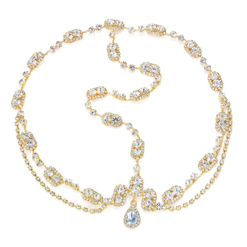 Sparkly Teardrop Pendant Crystal Embellished Layered Bridal Head Chain - Gold