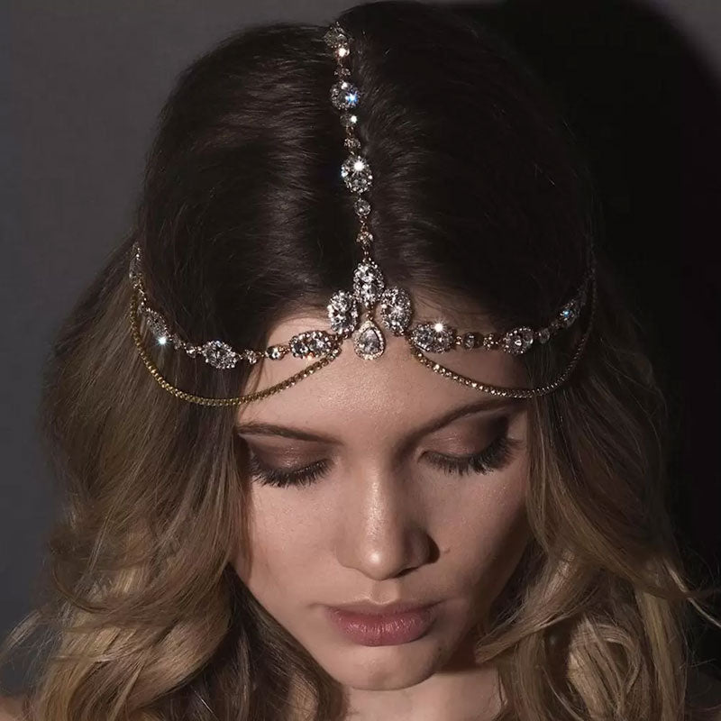 Sparkly Teardrop Pendant Crystal Embellished Layered Bridal Head Chain - Gold