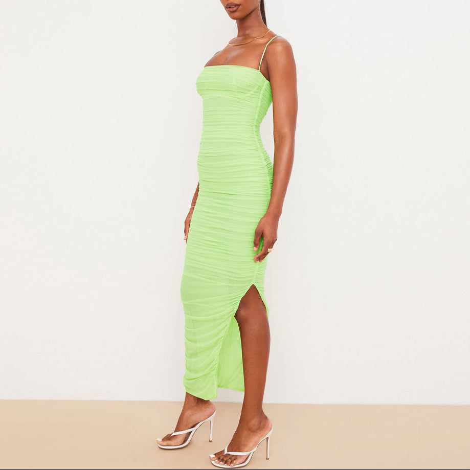 Square Neck High Slit Ruched Mesh Cocktail Party Maxi Dress - Green