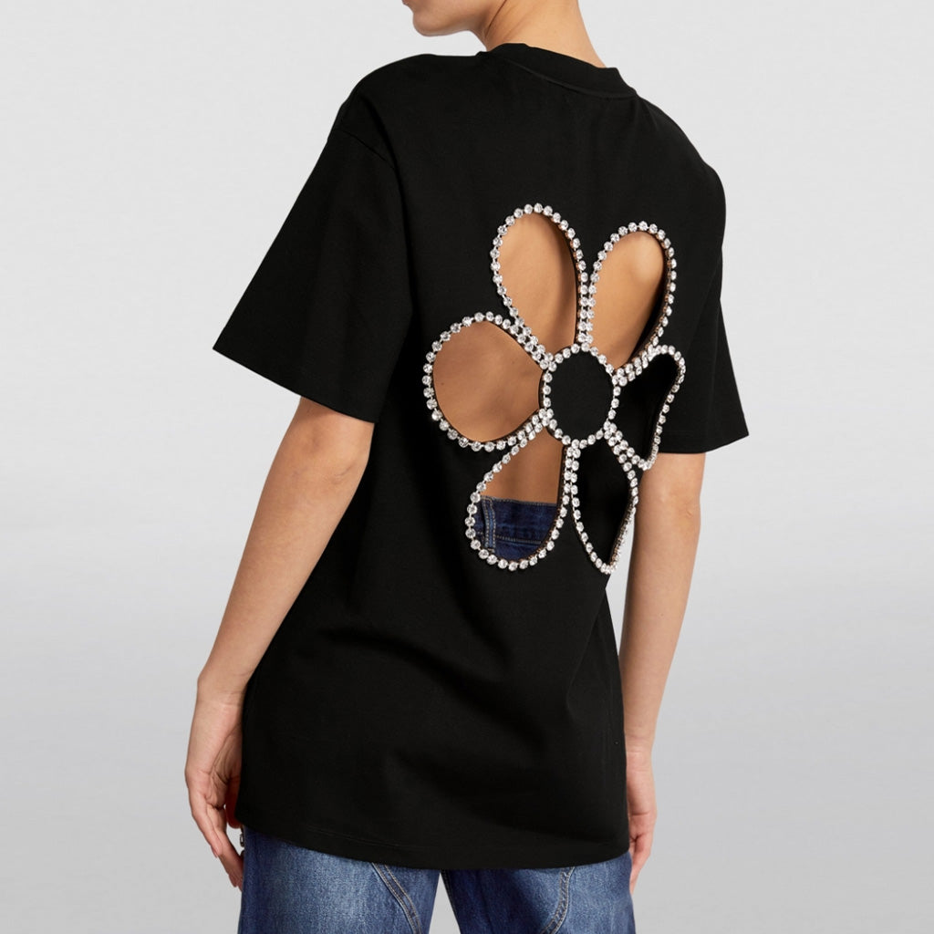 Stylish Crystal Embellished Floral Cutout Short Sleeve Relaxed T Shirt