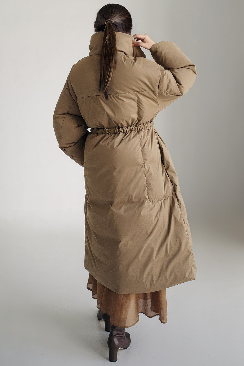 Long Puffer Jacket with Belt - Khaki