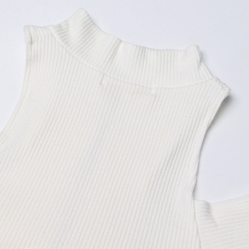 Trendy Cut Out Shoulder High Neck Half Zip Layered Cross Front Fitted Rib Knit Top