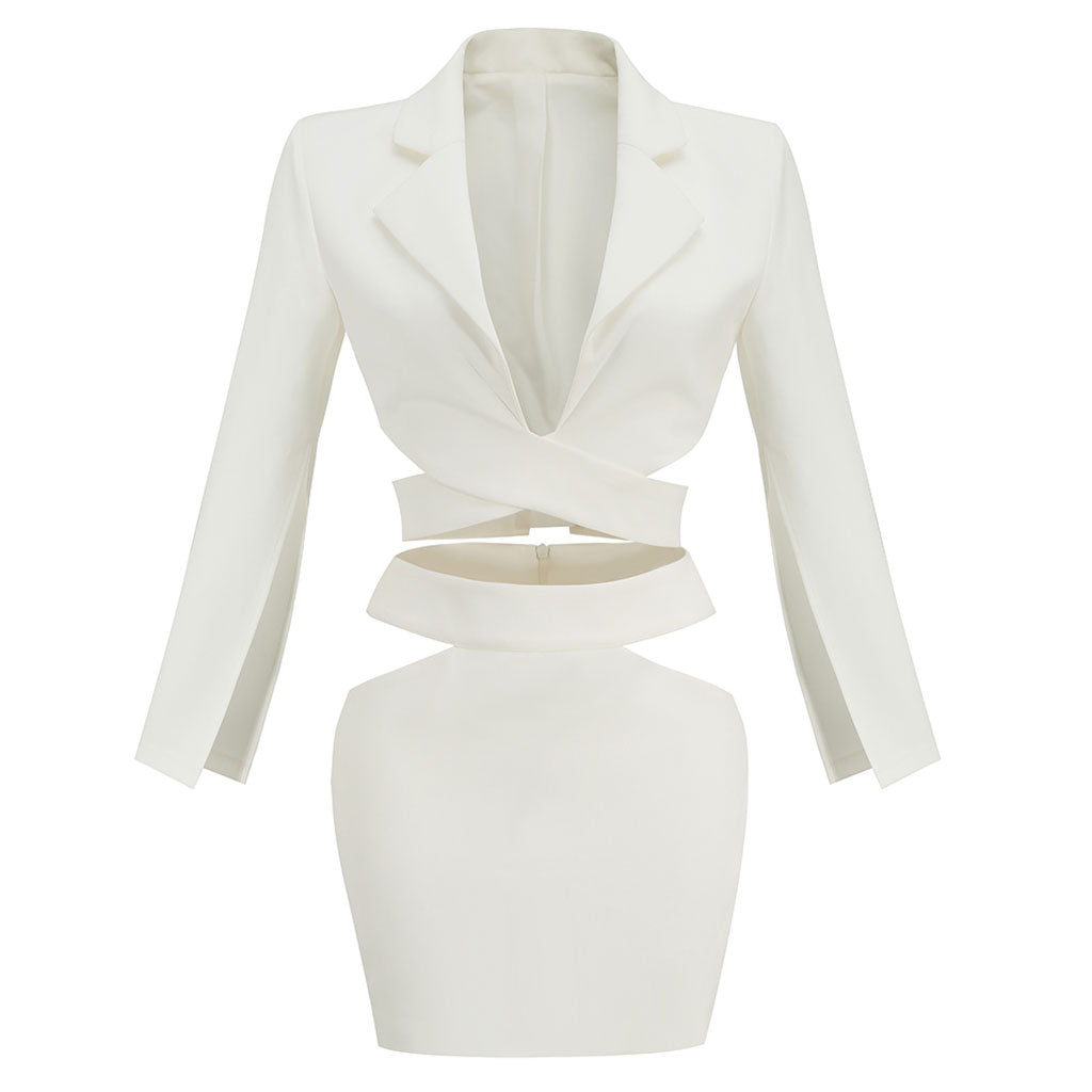 Unique Cutout Split Sleeve Wraparound Blazer Matching Set - White