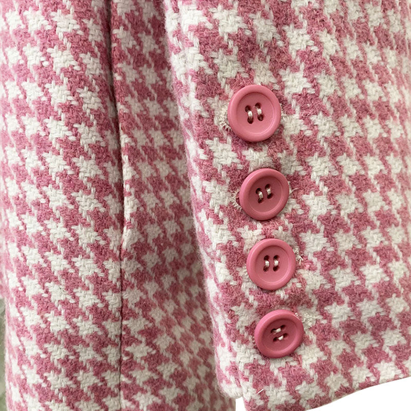 Vintage Houndstooth Print Peak Lapel Double Breasted Tailored Woolen Blazer