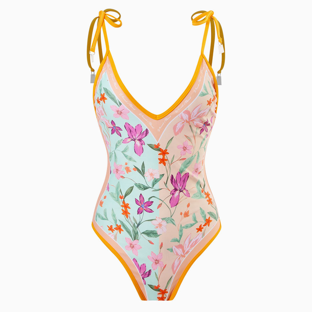 Vintage Printed Cheeky Bow Tie String V Neck Reversible One Piece Swimsuit