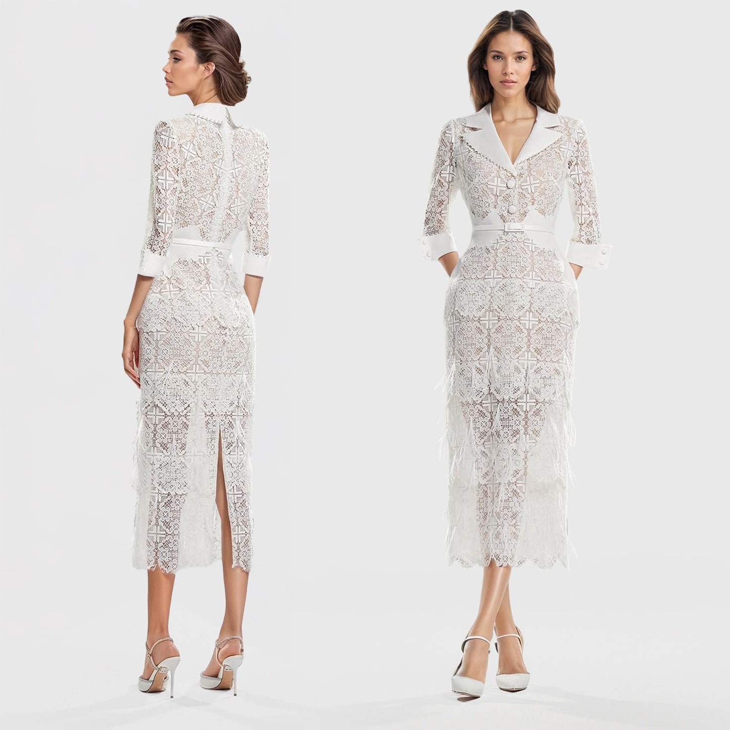 LACE MIDI DRESS with FEATURED DETAILS - White