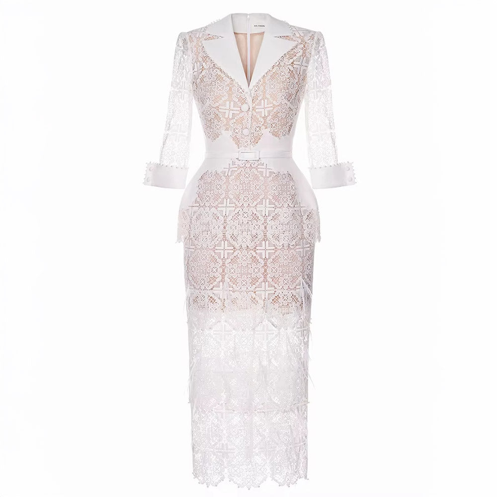LACE MIDI DRESS with FEATURED DETAILS - White