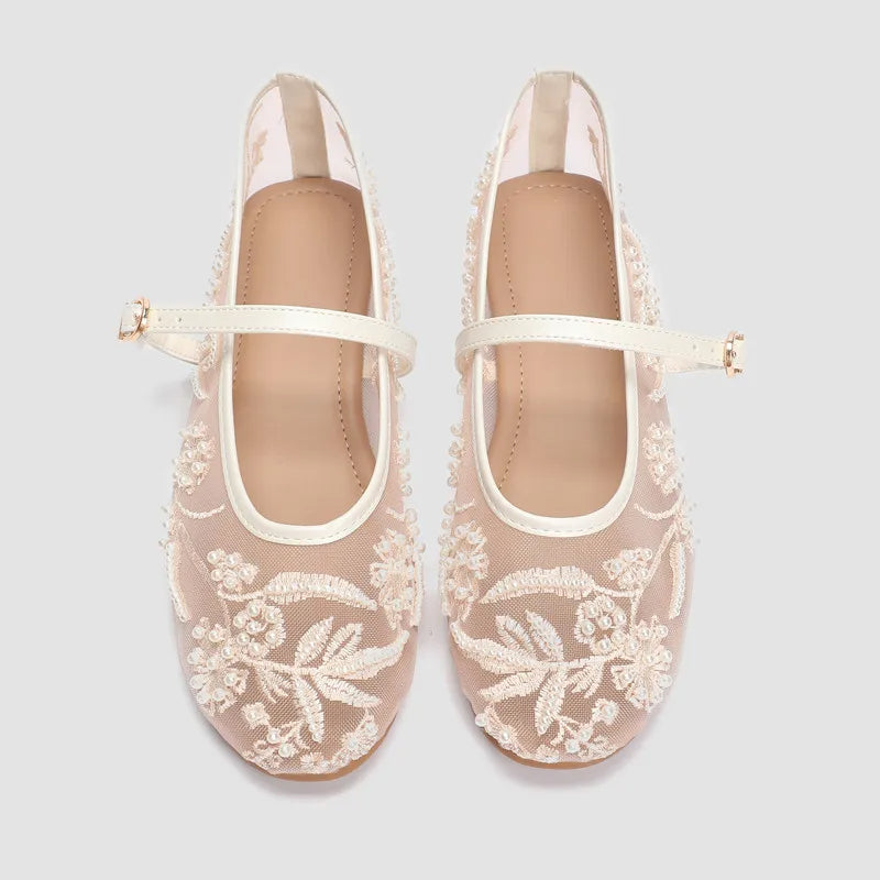 Embroidered Mesh Ballet Flats – Beaded Mary Jane Shoes with Pearl Details for Women