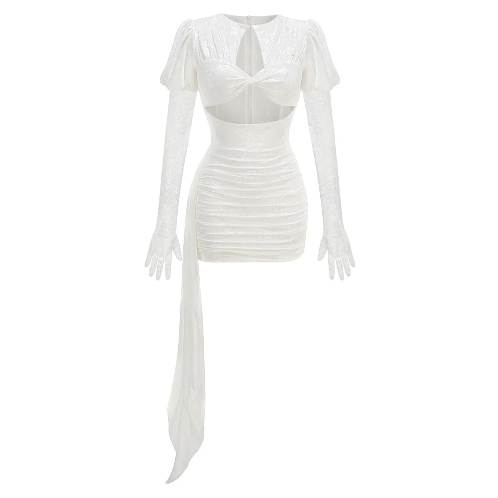 CUT OUT LACE MINI DRESS with GLOVES and SIDE TRAIN