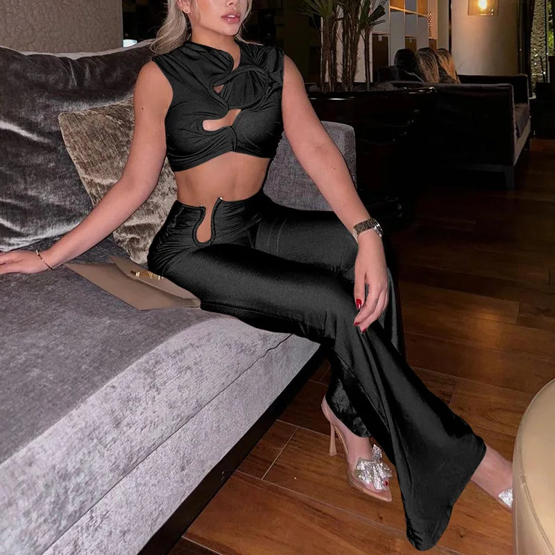 ASYMMETRICAL HOLLOW OUT TOP and HIGH WAIST PANTS 2 PIECE SET