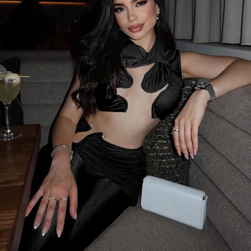 ASYMMETRICAL HOLLOW OUT TOP and HIGH WAIST PANTS 2 PIECE SET