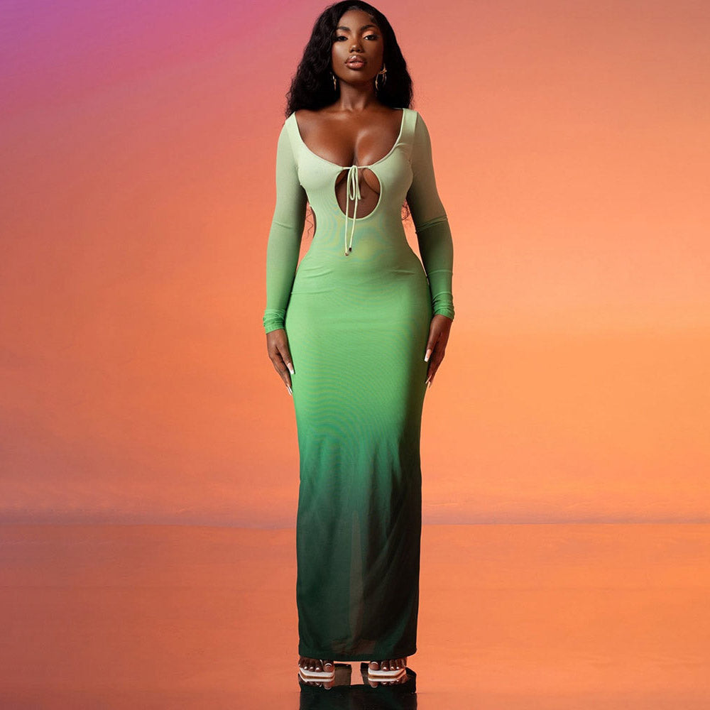 YAYOU GRADIENT COLOR BODYCON MAXI DRESS