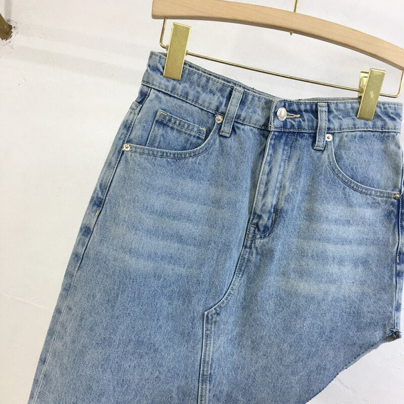 MORIKO ASYMMETRIC HIGH WAIST MAXI DENIM SKIRT