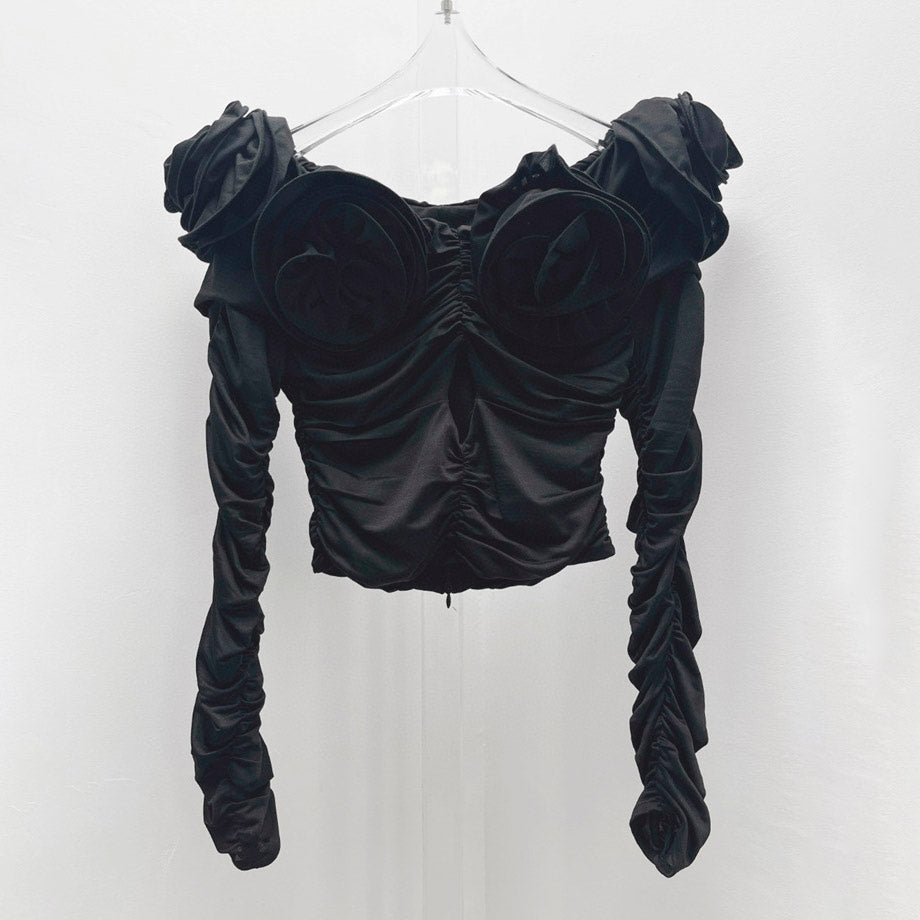 JUNKO FLOWER RUCHED HOLLOW OUT LONG SLEEVE TOP