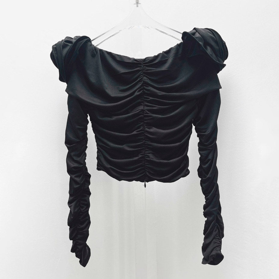 JUNKO FLOWER RUCHED HOLLOW OUT LONG SLEEVE TOP