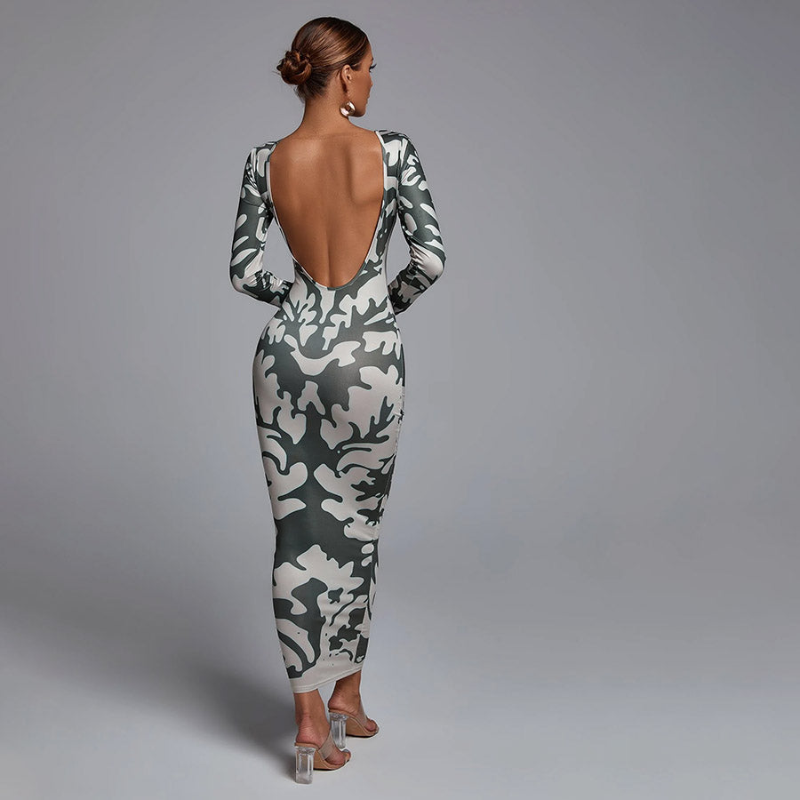 KYLIE LONG SLEEVE BACKLESS GREEN PRINT DRESS