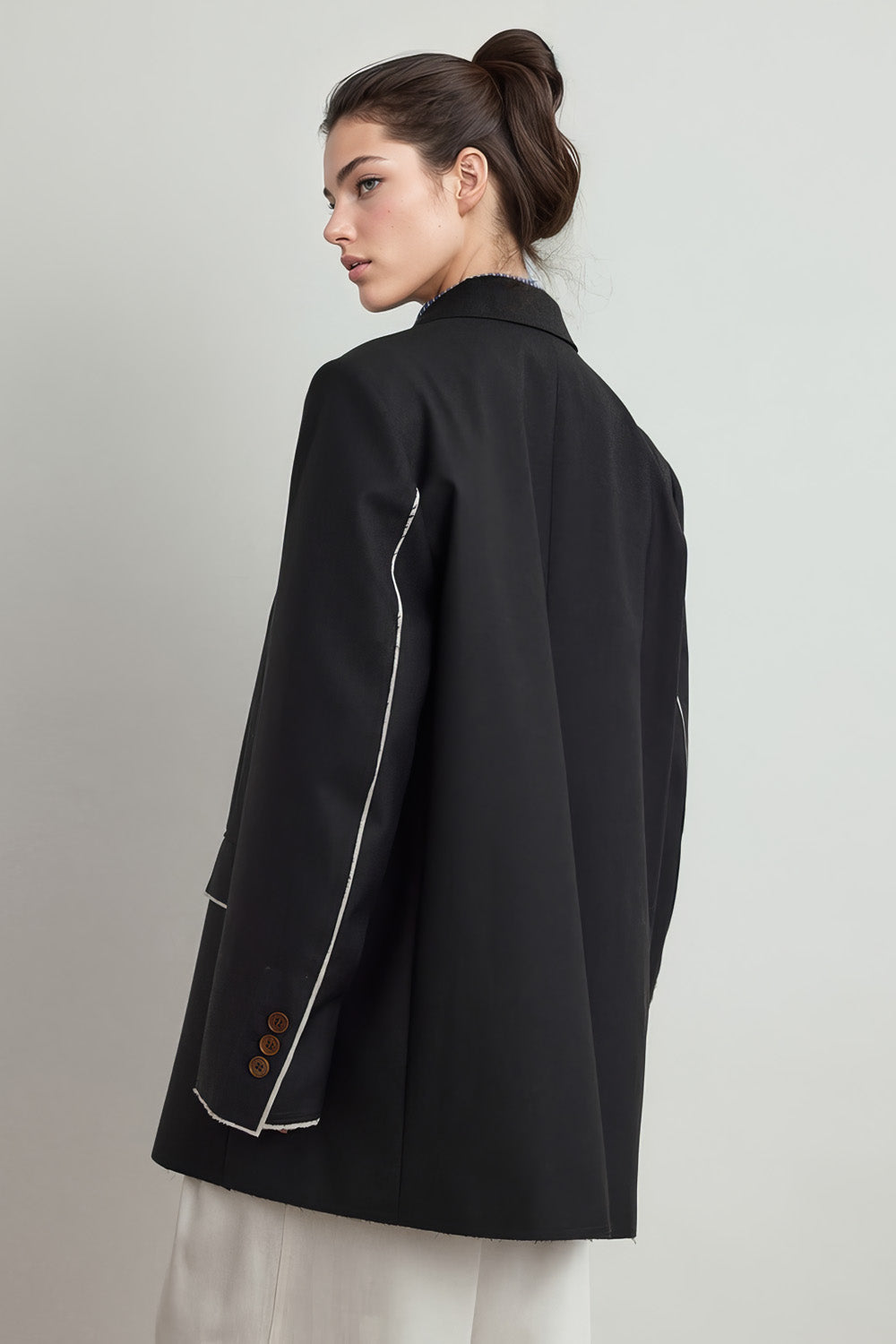 Single Breasted Blazer with Unfinished Hem - Dark Blue