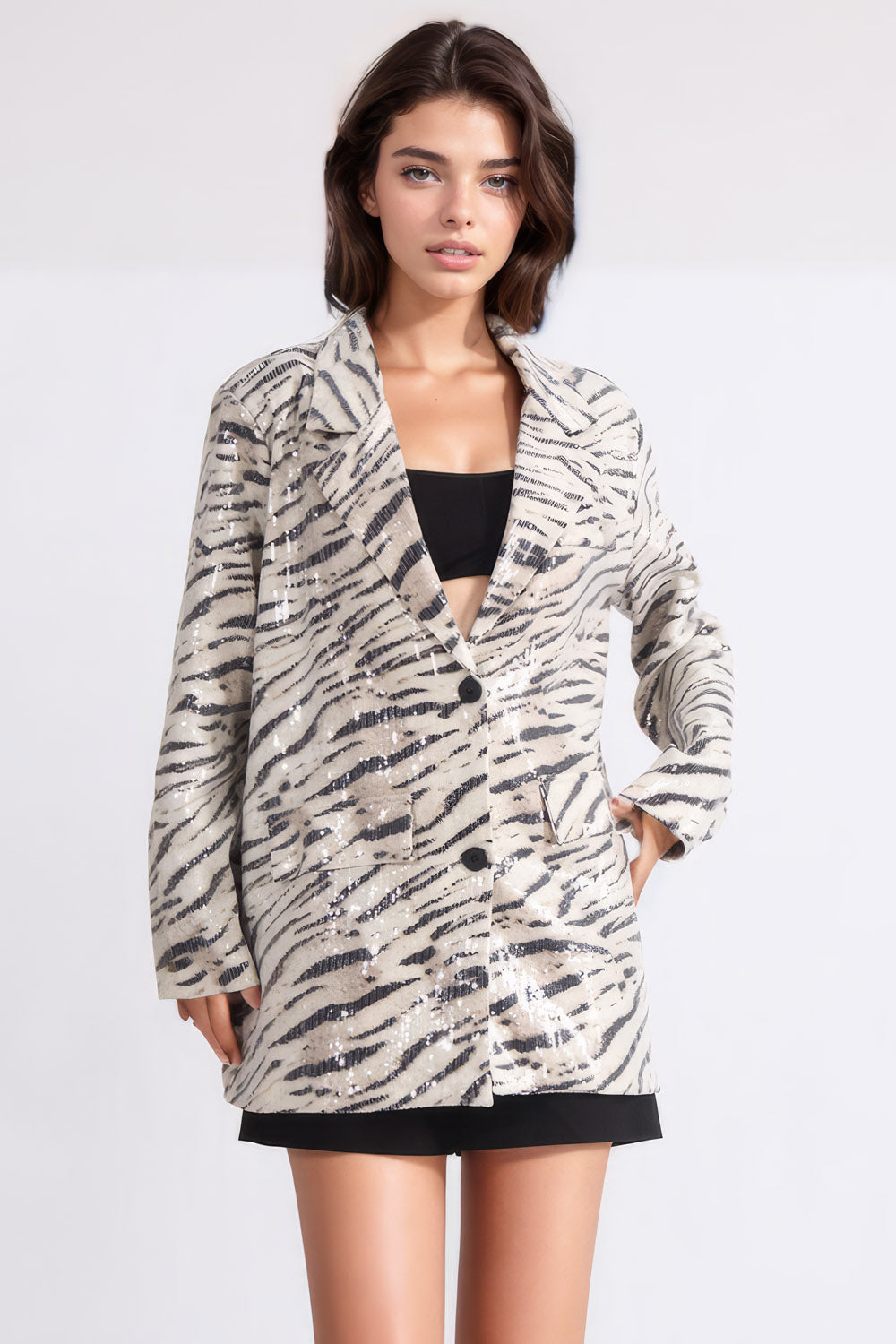 Patterned Blazer with Sequins - White