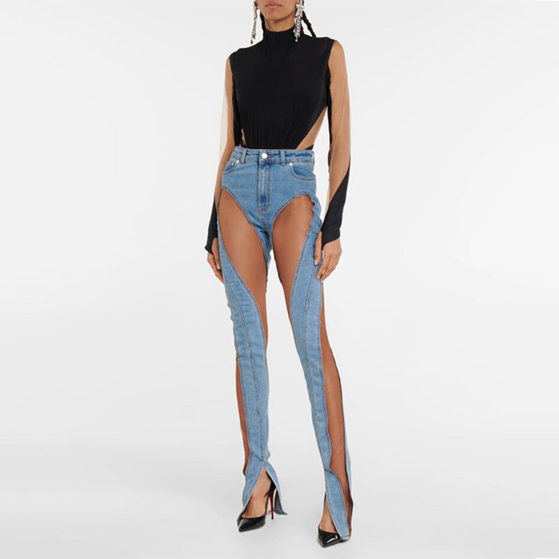 MIDORY MESH HIGH WAISTED PATCHWORK JEANS