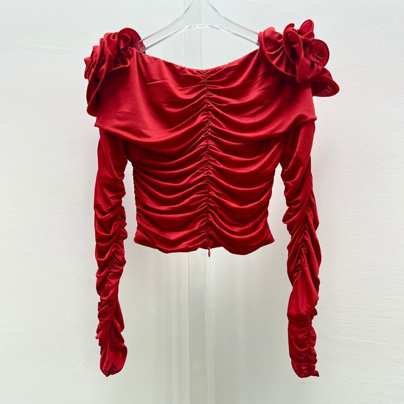 JUNKO FLOWER RUCHED HOLLOW OUT LONG SLEEVE TOP
