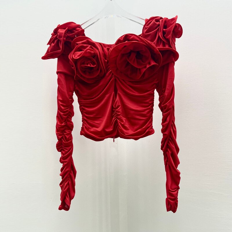 JUNKO FLOWER RUCHED HOLLOW OUT LONG SLEEVE TOP