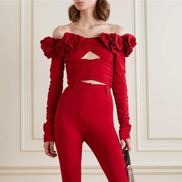 JUNKO FLOWER RUCHED HOLLOW OUT LONG SLEEVE TOP