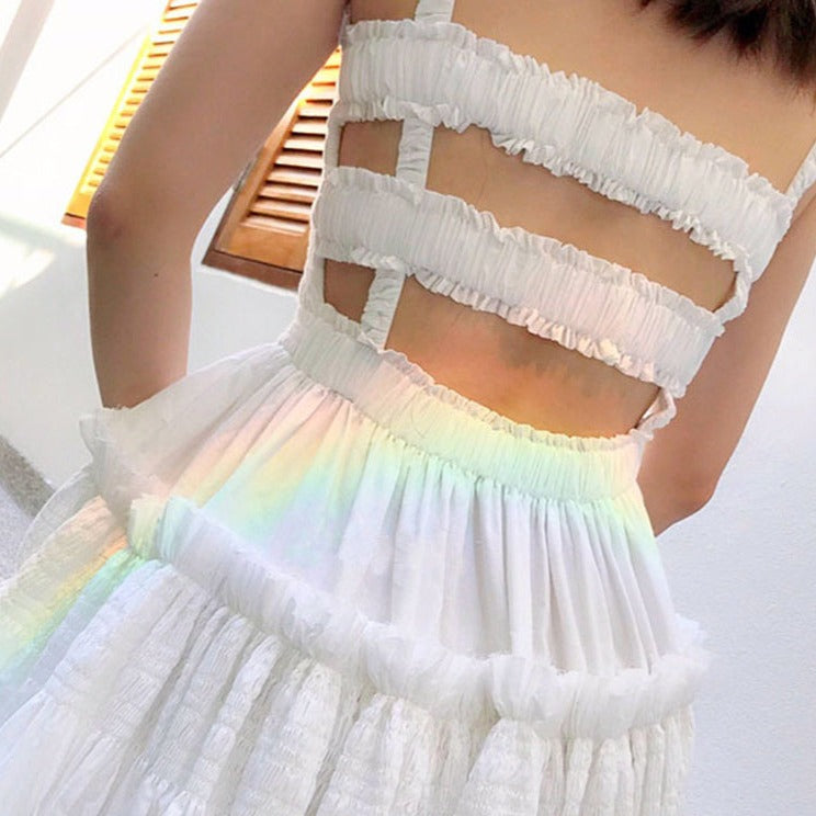 TAKARA BACKLESS STRAPS PUFF MAXI DRESS
