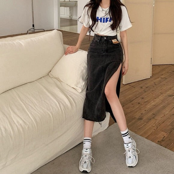 MOE MAXI JEANS SIDE SLIT SKIRT