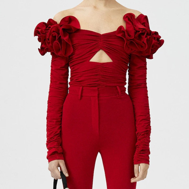 JUNKO FLOWER RUCHED HOLLOW OUT LONG SLEEVE TOP
