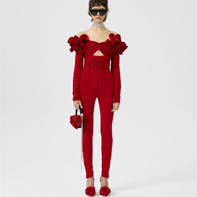 JUNKO FLOWER RUCHED HOLLOW OUT LONG SLEEVE TOP
