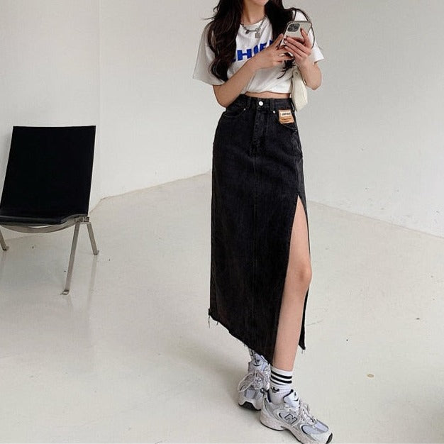 MOE MAXI JEANS SIDE SLIT SKIRT